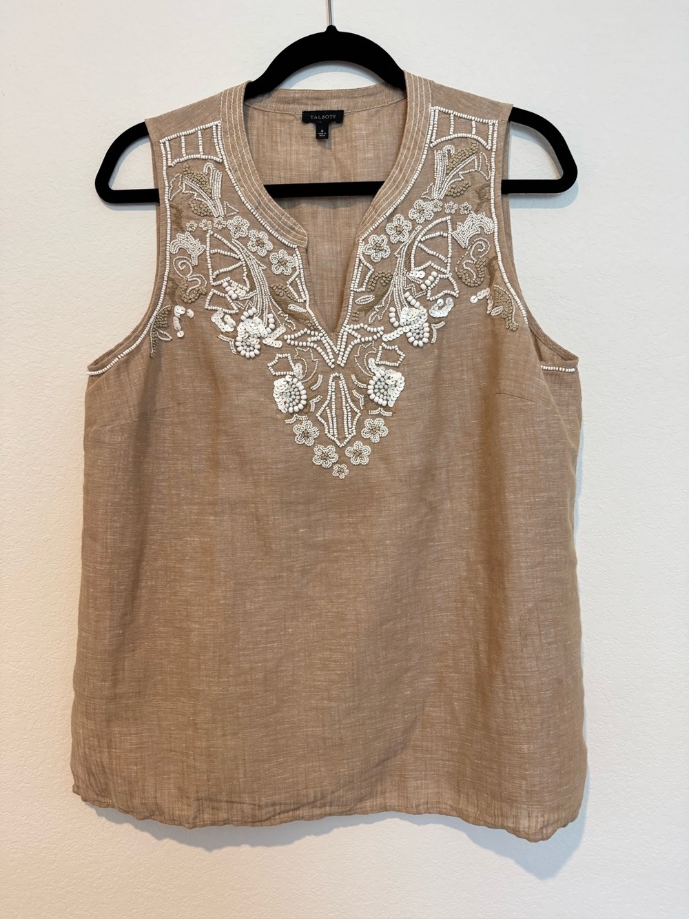 Talbots Linen Cotton Blend Beaded Embroidered Brown Sleeveless Blouse Top
